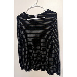 Chicos Striped Tee Women’s Medium 1 Black Gold Silver Metallic Top